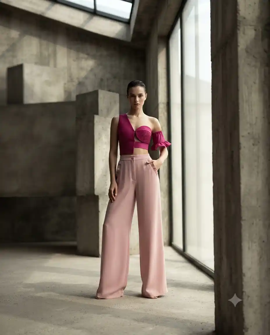 Conjunto de top asimétrico fucsia y pantalones anchos rosa palo