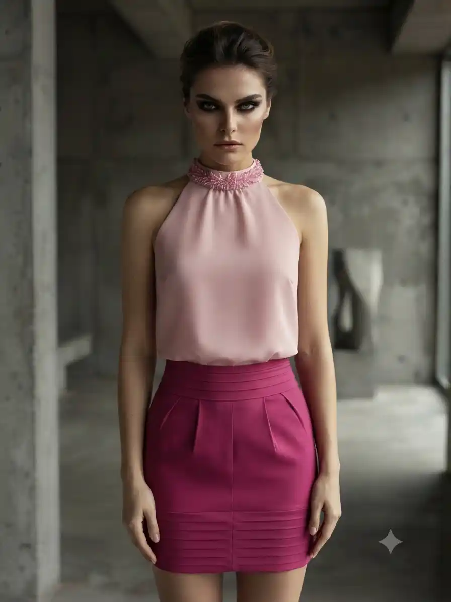 Outfit blusa cuello halter con pedrería y falda tubo