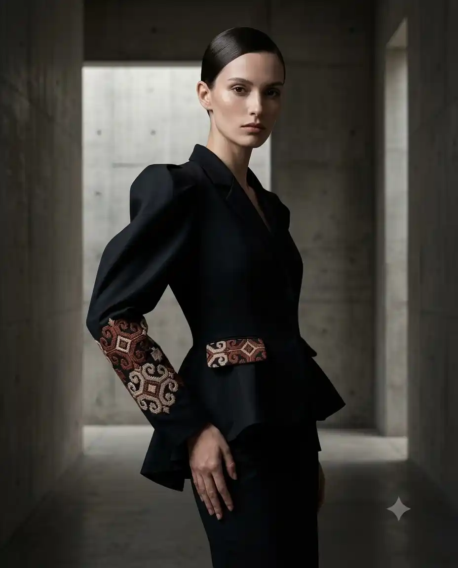 Outfit sastre negro entallado con blazer de mangas abullonadas y bordados