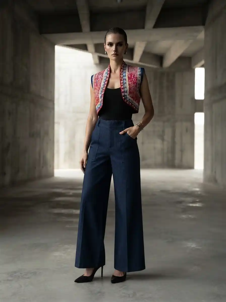 Conjunto de body negro, chaleco étnico y pantalones vaqueros
